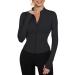 IECCP T-shirt ladies gym top sport top yoga long arm crop top sports shirt light fitness top with half zipper and thumb hole S B-black