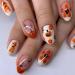 Halloween Nails Press on Halloween Fake Nails with Designs Short Almond Shape Glue on Nails Pumpkin Ghost Flower Print Acrylic Full Cover French Halloween Press on False Nails for Women Girls 24PCS pattern1