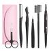 Eyebrow Kit, 6 in 1 Tweezers for Eyebrows, All-in-one Eyebrow Grooming Set Dermaplaning Tool Eyebrow Razor Brush Scissors Brown Eyebrow Pencil with Leather Pouch (A-Pink)