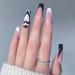 24pcs False Nails With Glue - Long Coffin Ballerina Manicure Full Cover Press on Nails - Cool Fake Nails for Women Girls (Black & White with Heart Design)