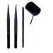 Eye lash tweezers extensions stainless steel diamond grip straight & 45 angled degree black pointed tips eyelash tweezer kit with free mirror for women makeup beauty professional tool set 3 pcs
