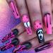 Halloween Press on Nails Long with Ghost Face Design Full Cover Halloween Long Fake Nails Coffin False Nails for Women and Girls Acrylic Nail DIY Halloween Decoration with Nail Glue 24 Pcs Halloween Grimace