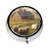 Cute Foster Eating Grass Portable Metal Pill Box Round Mini 3-Compartment Plastic Insert hinged Fastening Design Suitable for Small Pills Must-Have for Travel Black