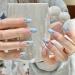 French Tip Press on Nails - Mid length Press On Nails with Nail Tips Blue Edge Love Diamond Chain Design Glossy white press on nails Acrylic False Nails Cute Artificial Nails