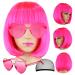 LIULIUBTY Short Bob Hair Wigs Straight with Flat Bangs Synthetic Colorful Cosplay Daily Party Neon Wig for Women + Free Wig Cap 14 Natural As Real Pink