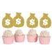Money Bag Cupcake Toppers 12pcs Dollar Sign Cupcake Toppers American Dollar for Casino Wedding Birthday Festival Party Decoration Gold Glitter Casino Party Decor.