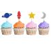 Space Cupcake Toppers Outer Space/Galaxy Birthday Cupcake Toppers Rocket/Planets/Moon/Star Dessert Picks Astronaut Baby Boy Birthday Party Decoration - Blue Glitter