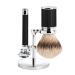 M HLE Traditional shaving set - safety razor shaving brush with silvertip badger hair and holder - handles made of black precious resin