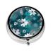 Teal Grey and White Floral Portable Metal Pill Box Round Mini 3-Compartment Plastic Insert hinged Fastening Design Suitable for Small Pills Must-Have for Travel
