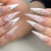 QINGGE Stiletto Press on Nails Medium Fake Nails French White Flower Glue on Nails Shiny Rhinestones Stick on Nails Glossy Artificial False Nails for Women