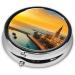 Sunset in Barcelona Portable Metal Pill Box | Round Mini 3-Compartment with Hinged Design - Perfect for Small Pills & Travel - Buy Online on GoSupps.com