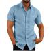 Men's Sky Blue Linen Short-Sleeve Henley Shirt - Reversible Collar Loose Fit Business Casual 3XL - Buy Online on GoSupps.com