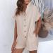 ESCBUKI Button Down Jumpsuit Women Solid Color Romper Dress, Short Sleeve Pantsuit - Khaki Sundress - Buy Online on GoSupps.com