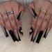 IMSOHOT Press on Nails Long Square Fake Nails Black French False Nail Tips Glossy Acrylic Nails with 3D Flower Charms Designs Full Cover Rhinestones Glitter Glue on Nails for Women 24Pcs 85-14Black Flower