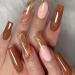 Sethexy long coffin false nails sparkle wrong fingernails brown shiny press on nails ballerina acrylic nails to stick 24 hours for women and girls