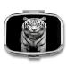 Pill Box Black and White Tiger Print 2 Compartment Medicine Pill Case Pill Organizer Decorative Metal Portable Pill Box for Pocket Or Purse Style
