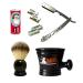 Men's Shaving Set with Stainless Steel Professional Barber Straight Razor Shavette 10 Astra Blades Synthetic Shaving Brush Arko Soap & Porcelain Mug (Silver Metal Gift Set)
