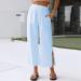 SODAN Women's Side Slit Palazzo Pants - Elastic Waist Cotton Linen Trousers in Summer Blue - Size Medium - Buy Online on GoSupps.com