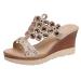 Xtzyglfd sandals women summer slip on women beach toe shoes breathable summer sandals rhinestone wedges women wedges hiking sandals beige 3.5 uk