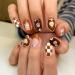 Flower Press on Nails Short Almond Shape French Fake Nails Hearts Flowers Lattice Tai Chi Smiley Face Design Brown White Acrylic Nails Glossy False Nails Kit Full Cover Nails Spring Daily Wear 24 Pcs
