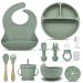 EZIO'S Baby Weaning Set 13 Pieces Silicon Feeding Set - Suction Baby Plate with Round Fruit Feeder with Straw Baby Bowls for weaning Food Plate Kit with Lid Cup Bib Folk Spoon (Dark Green) Army Green