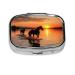 Sunsets Lake Horses Printing 2 Compartment Small Pill Case Cute Small Pill Box Purse Pill Boxs Travel Pill Organizer for Pocket Purse and Travel Gifts