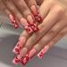 JUSTOTRY 24 Pcs False Nails Long with Pink Heart Red French Press on Nails Patterns Pretty Ballerina Stick on Nails for Women Acrylic Coffin Fake Nails Medium with Glue for Nail Art red&heart1