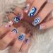 24Pcs Press on Nails Short Square Fake Nails Blue Heart Flame Glossy False Nails French Glossy Stick on Nails with Glue Stickers Reusable for Women and Girls