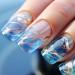 Medium Press on Nails Blue Fake Nails Square False Nails with Gold Foil and Sea Designs Glue on Nails Gradient Acrylic Nails Reusable Full Cover Artificial Nails for Women and Girls 24PCS PTzhon2