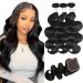 Brazilian Body Wave Human Hair Bundles with Closure(16 18 20 +14, Bundles with Closure) 100% Unprocessed Body Wave 3 Bundles with 4X4 Lace Closure Free Part Natural Black Hair 16 18 20+14 bundles with closure