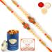 Ghasitaram Gifts Rakhis Online for Brother- Set of 2-6135 Rakhi Thread with 100 GMS of Dryfruits Mix Can 200 GMS of Kaju katli 2 Rakhi & 100g Dryfruits Mix Can 200g Kaju katli