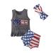 Binmer Toddler Baby Girl 4th of July Outfit Sleeveless Funny Letter Print Tops +American Flag Shorts + Hairband Sets Clothes Gray 12-18Months