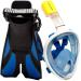 COZIA DESIGN Snorkel Set Adult - Full Face Snorkel Mask and Adjustable Swim Fins, 180 Panoramic View Scuba Mask, Anti Fog and Anti Leak Snorkeling Gear Mask S/M + Fins S/M Blue Mask + Blue Fins