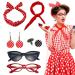 Dyeulget 50s Costumes for Women 1950s Headbands and Drop Earrings Set | Cat Eye Glasses with Vintage Polka Dot Hair Bands and Headband for Women Red One Size