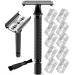 Long Handle Double Edge Safety Razor - Butterfly Open Razor with 10 Japanese Stainless Steel Double Edge Safety Razor Blades - Close, Clean Shaving Razor for Men. Black