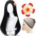 Uniquebe Long Straight Black Kids Wig with Flower Hair Clip  Wigs for Girls Kids Toddler Cosplay with Wig Cap for Halloween Party Daily