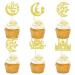 Cyodoos 25Pcs Eid Mubarak Cupcake Toppers Happy Eid Moon Star Ramadan Kareem Cupcake Picks for Eid Islamic Muslim Theme Party Cake Decorations Supplies - Gold Glitter Golden2