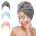 FREATECH 3 pieces microfiber hair turban - quick -drying towel for wet hair without frizz super soft and absorbent hair towel with 3 buttons for women children long curly hair pink + light blue + gray