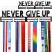 Yerliker Medal Holder Metal Hanger Display Ribbon Never Give Up Metals for Wall Over 50 Medals 16 inches Long Easy to Install Award Racks Sports Marathon Gymnastics Soccer Runners