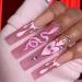 Justotry 24 pieces Diamante coffin nails for sticking with snake pink matt french artificial nails ballerina artificial nail press on nails coffin fingernails fake nails medium for women snake & pink 1