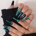 Xerling Glossy Green Fake Nails Press on with Rhinestones Long Coffin False Nails Glue on Pattern Designs Nails Tips Full Cover 24Pcs (Pattern G)