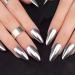 Silver Chrome Press on Nails Almond Fake Nails with Medium False Nails Design Acrylic Artificial Nails Glossy Glue on Nails Full Cover Stick on Nails for Women Girls Manicure Art 24Pcs