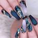 Long Press on Nails Navy Blue Coffin Fake Nails French Marble False Nails with Glitter Designs Rhinestones Glue on Nails Matte Stick on Nails Artificial Nails for Women 24Pcs Matte and Glossy Blue