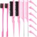 12 Pieces Hair Brush Set, Nylon Teasing Hair Brushes 3 Row Salon Teasing Brush, Double Sided Hair Edge Brush Smooth Comb Grooming, Rat Tail Combs with Duckbill Clips for Women Girls (Pink)