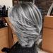 Jolelyne Silver Gray Ombre Layered Wigs with Curtain Bangs for Women Synthetic Short Light Grey Wig Layered Gray Wavy Bob Wig Highlight Grey Curly Bob Wig for Black Women Silver Grey Wig for Daily Use Grey 02