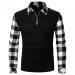 JSPOYOU Mens Plaid Printed Polo Shirts hisper Long Sleeve Lapel Zipper Blouse Casual Slim Fit Business Office Shirts Tops Black, XX-Large