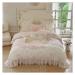 Rose Flowers Embroidery Romantic French Lace Ruffles Bedding Set Plush Warmth Velvet Fleece Duvet Cover Set Bed Sheet Pillowcase Bedding Set (Pink Flat Sheet Style_Queen)