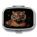 Pill Box with Tiger and Paws Print 2 Compartment Medicine Pill Case Pill Organizer Decorative Metal Portable Pill Box for Pocket Or Purse