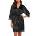 BESDEL Women's Satin Silk Bathrobe Oblique V-Neck Short Kimono Robe Bridesmaids Robe L Black
