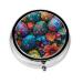 Colored Eggs and Flowers Portable Metal Pill Box Round Mini 3-Compartment Plastic Insert hinged Fastening Design Suitable for Small Pills Must-Have for Travel Black